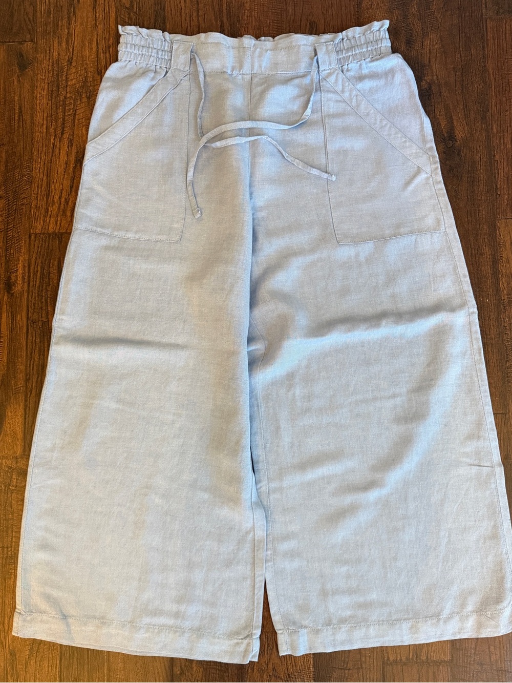 LOFT Women’s Large Petite Blue Linen Blend Wide Leg Crop Pants Drawstring